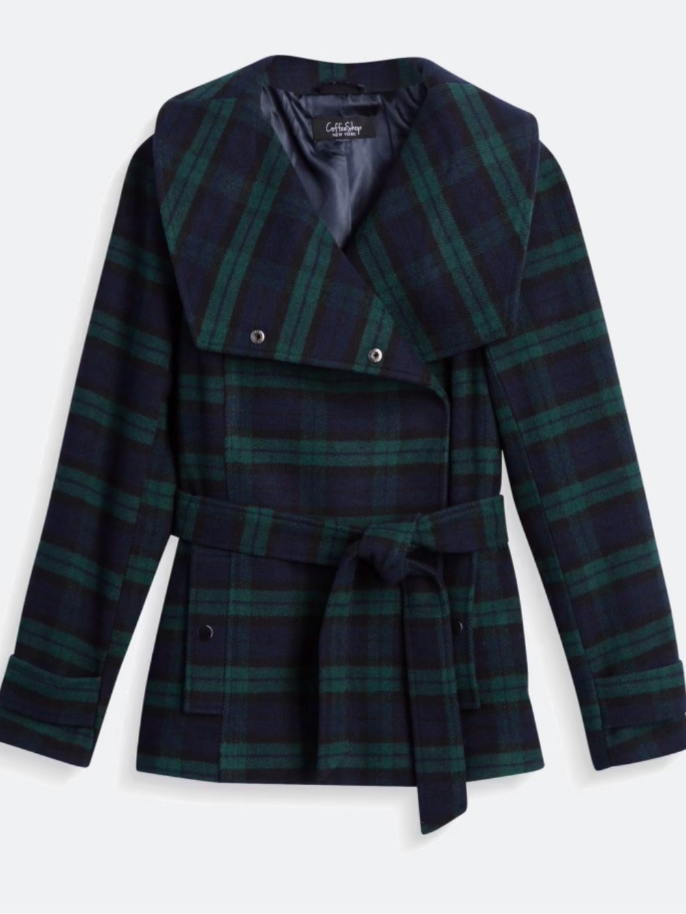 CoffeeShop Green and Black Plaid Wrap Peacoat with Belt